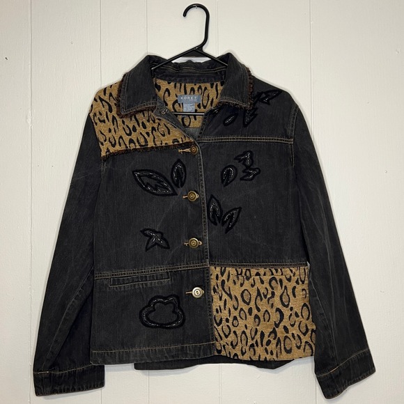 Koret Vintage Denim Jacket Leopard Patchwork Appliqué Western Y2K Style‎ Size PL - Picture 1 of 12